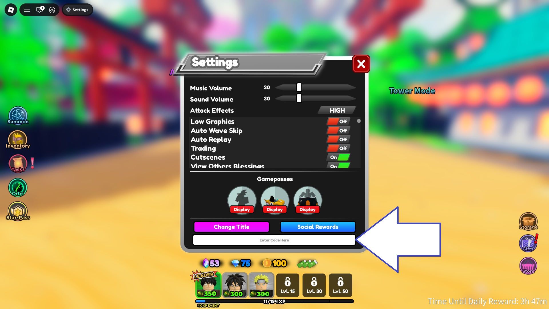 A screenshot of All Star Tower Defense in Roblox showing the game's codes field.