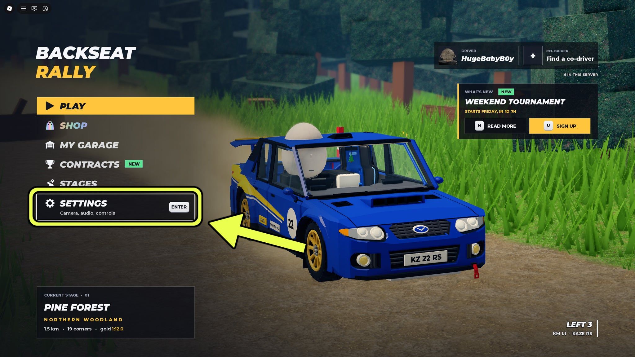 A screenshot from the main menu of Backseat Rally, pointing out the settings button in the menu.