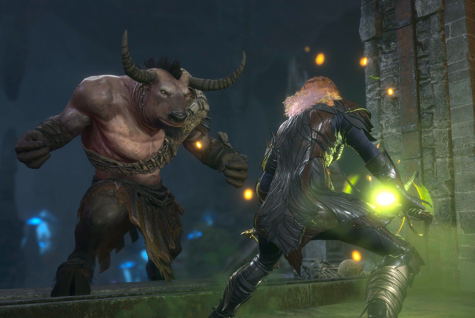 Screenshot from Baldur’s Gate 3 featuring a player character with a spell glowing green in their hands facing down a minotaur in a dark dungeon.