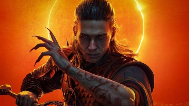 A dark-haired character with blood-marked arms raises a hand against a glowing orange eclipse in artwork for The Blood of Dawnwalker.