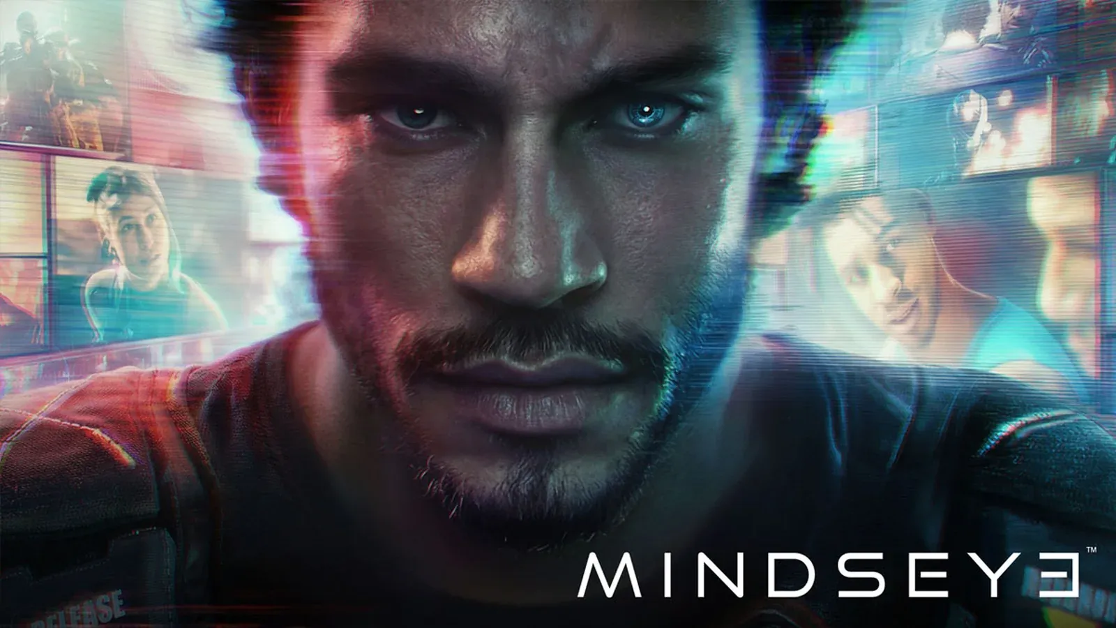 Official MindsEye key art featuring Jacob Diaz and another armed character against the futuristic Redrock cityscape