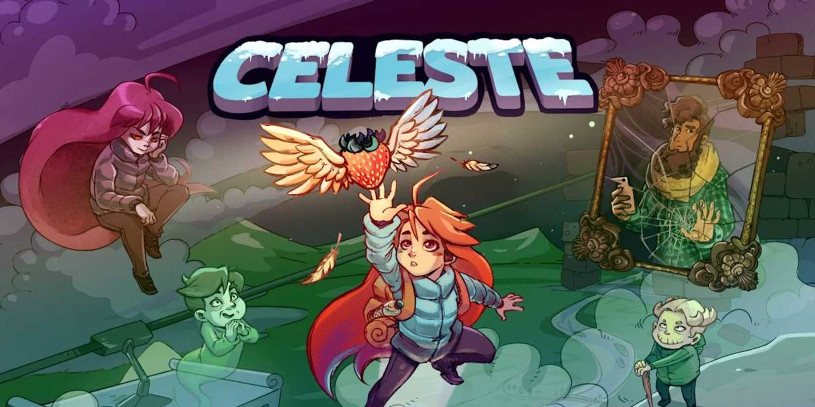 Celeste game cover art shows Madeline, Badeline, and several other characters.