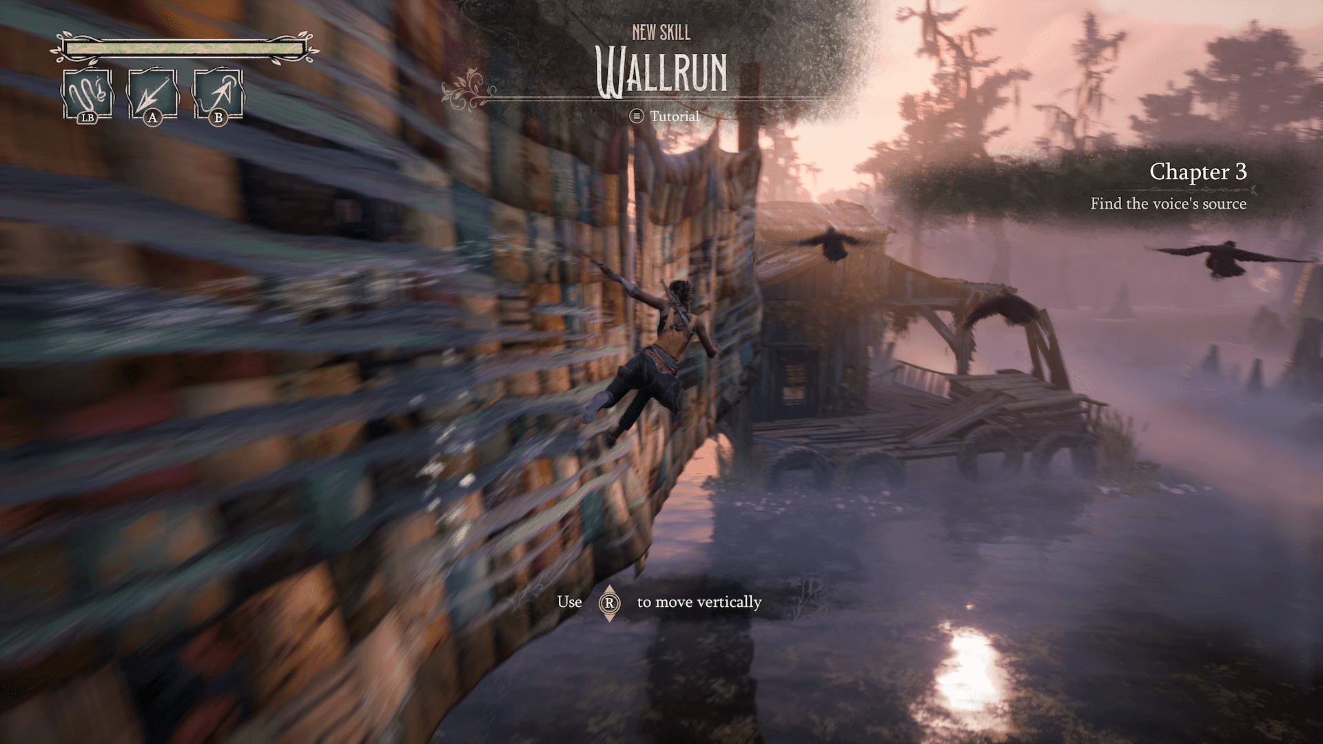 Screenshot from South of Midnight, featuring the protagonist Hazel running along a wall covered in scratches of blue demonstrating her wallrunning ability.