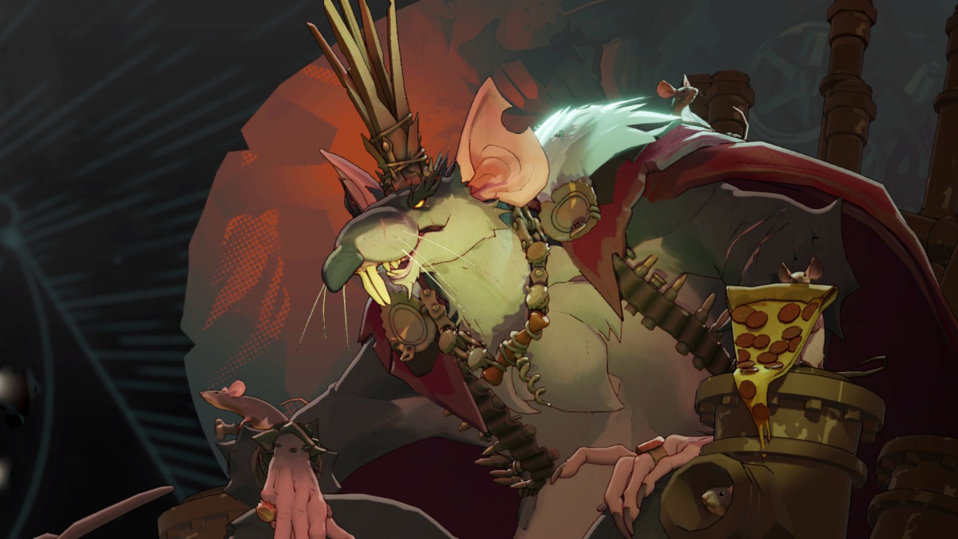 A screenshot of Deadlock hero The Rat King. A giant rat wearing a metallic crown and a cape sits on a throne of scrap metal.
