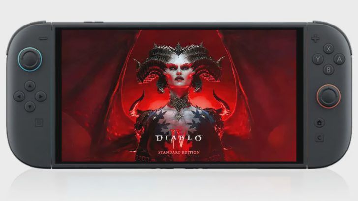 The Nintendo Switch 2 displaying the 'Diablo IV Standard Edition' game screen with a character wearing intricate headgear.