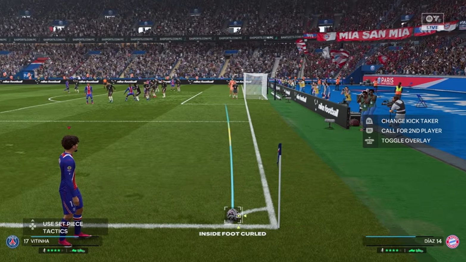 EA SPORTS FC 27 gameplay showing a corner kick with set piece tactics, curved delivery path and kick controls displayed.
