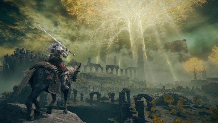 Knight on horseback with sword gazes at mystical glowing tree and ancient ruins under cloudy sky.