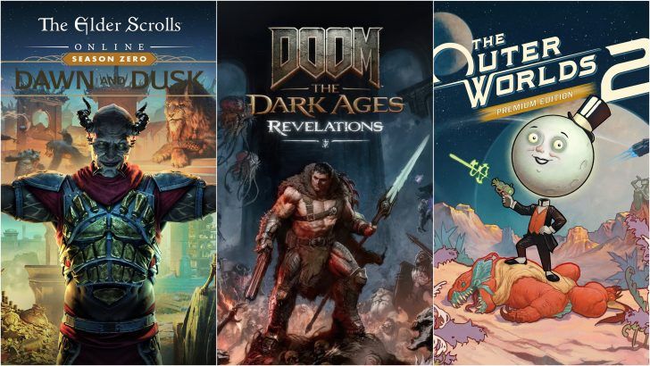 A collage featuring cover art for three games: 'The Elder Scrolls Online: Season Zero - Dawn and Dusk,' 'Doom: The Dark Ages - Revelations,' and 'The Outer Worlds 2: Premium Edition.' Their studios are heavily affected by the 2026 Xbox layoffs.