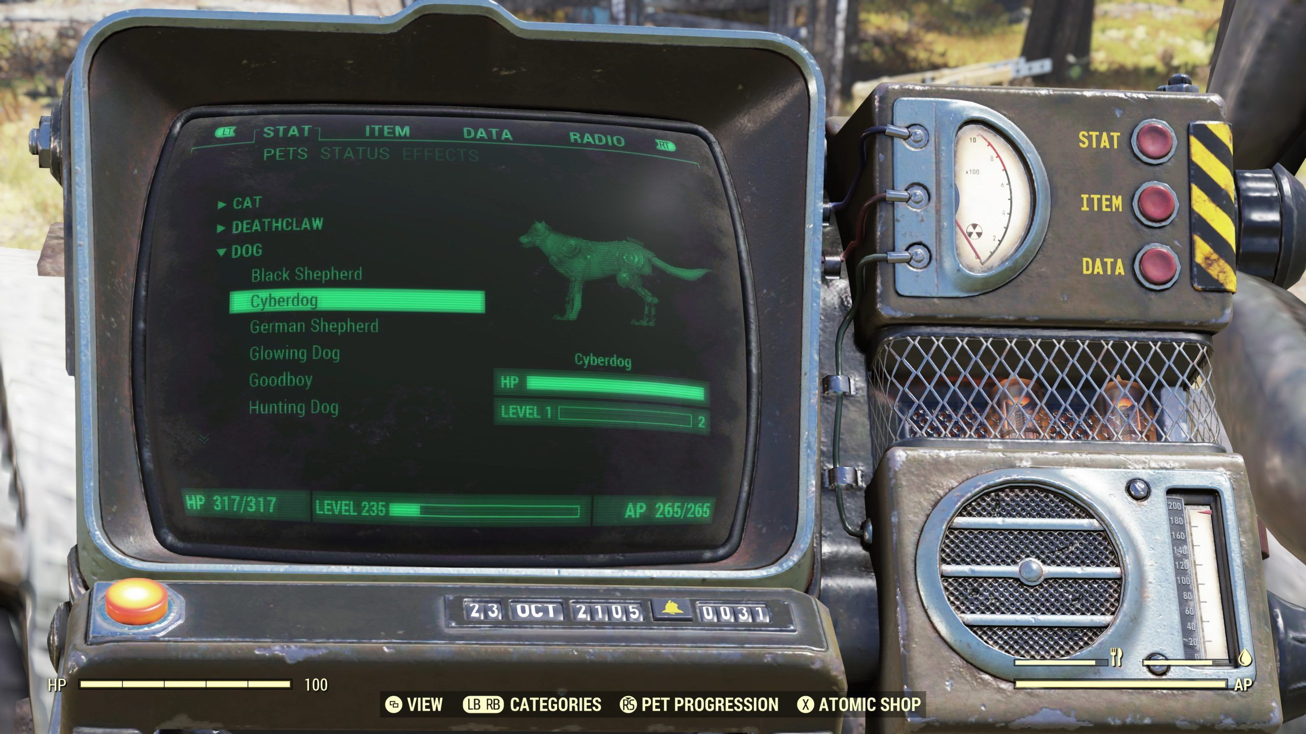 A Pip-Boy screen in 'Fallout 76' displays a selection of pets under the 'DOG' category with 'Cyberdog' highlighted, showing its HP and level.