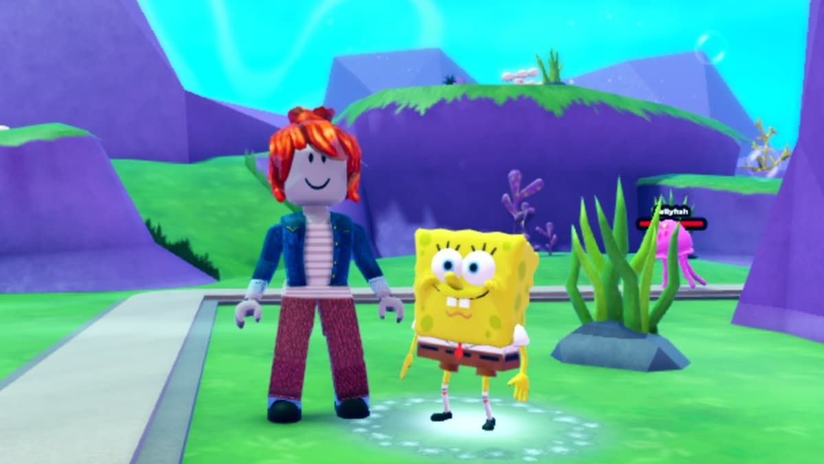 A screenshot featuring a Roblox character and Spongebob.