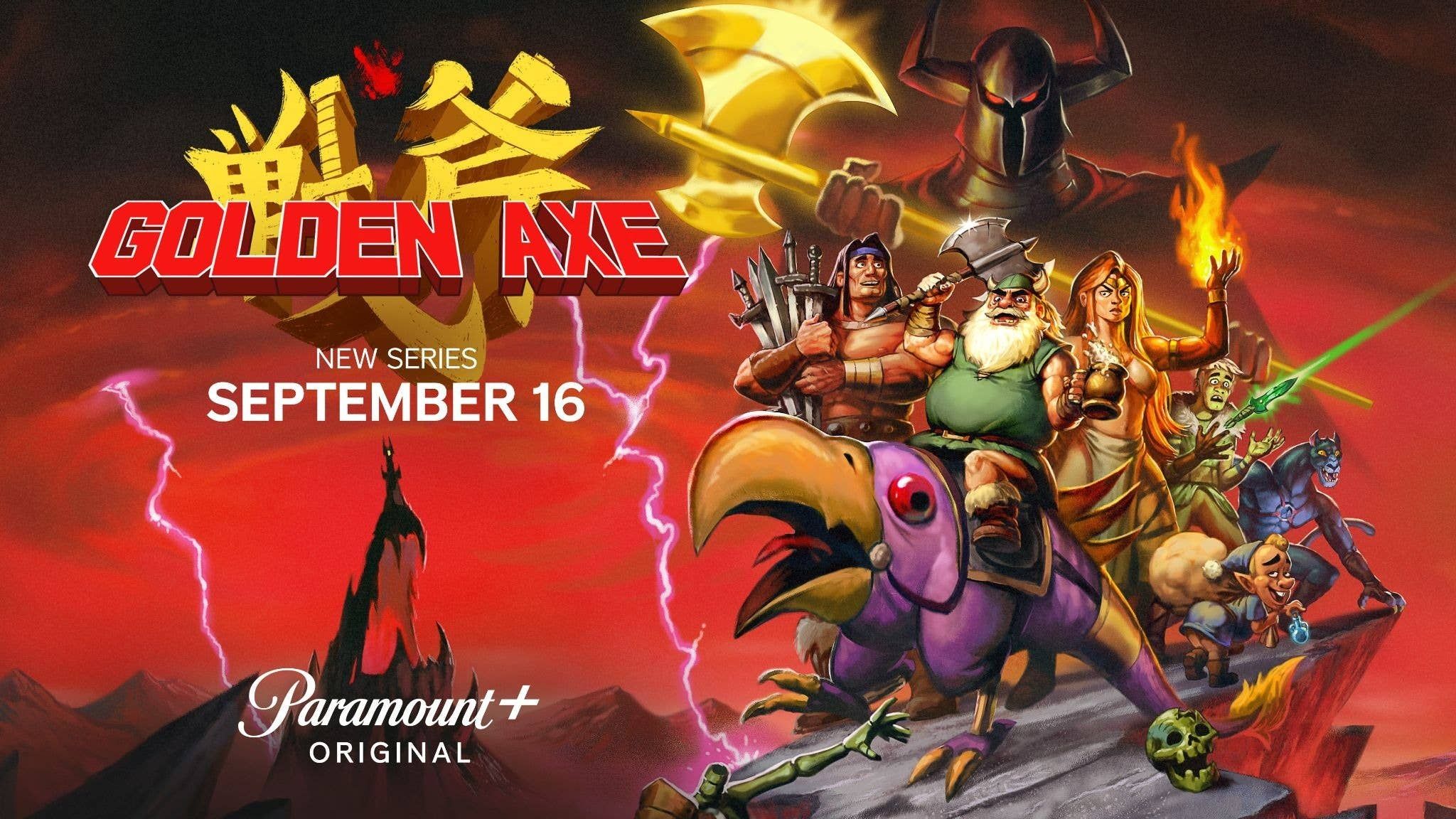 Golden Axe animated series key art featuring Ax Battler, Tyris Flare, Gilius Thunderhead, and Hampton Squib