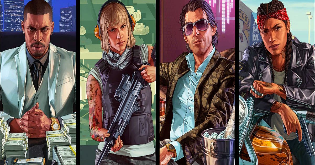 Grand Theft Auto Online Visual featuring Franklin Clinton, Trevor Philips, Michael De Santa, and a female character