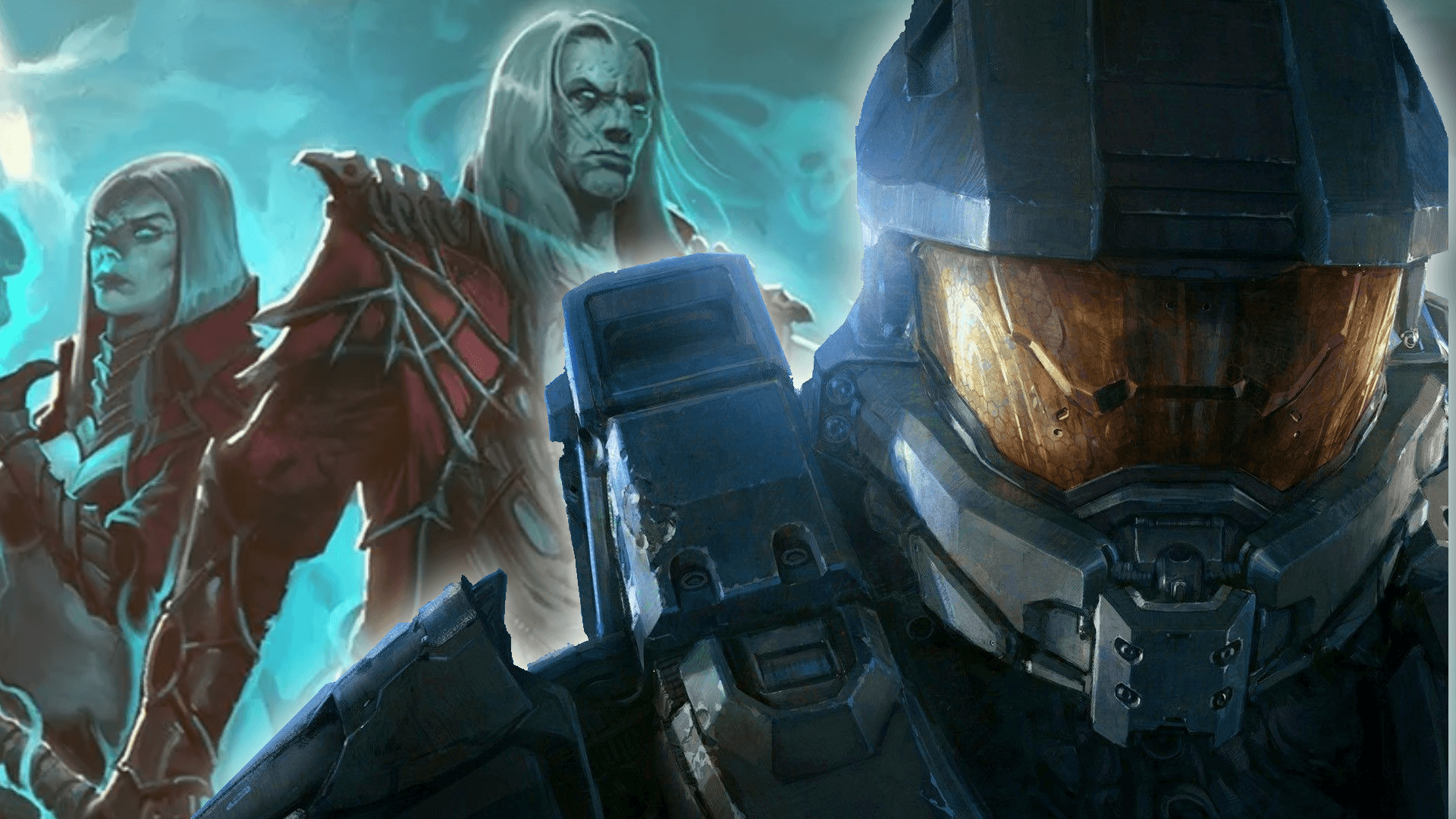 Master Chief stands in the foreground while artwork of two Diablo III characters replaces Cortana in the background, creating a Halo and Diablo crossover themed image.