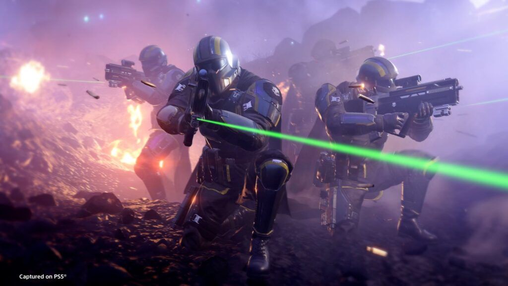 Official Helldivers 2 screenshot showing a squad operating in the hostile Illuminate Void