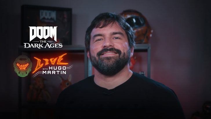 Hugo Martin from id Software is featured alongside text reading 'DOOM THE DARK AGES,' 'SLAYERS CLUB,' and 'LIVE WITH HUGO MARTIN.'