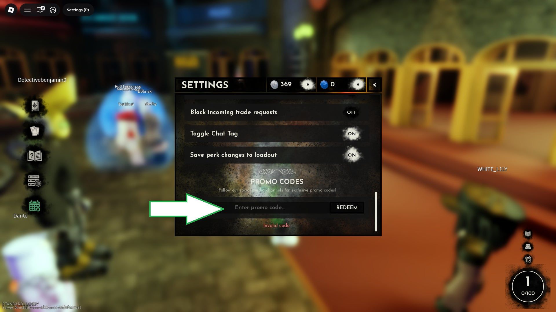 A screenshot of Mafia in Roblox showing the game's codes field.