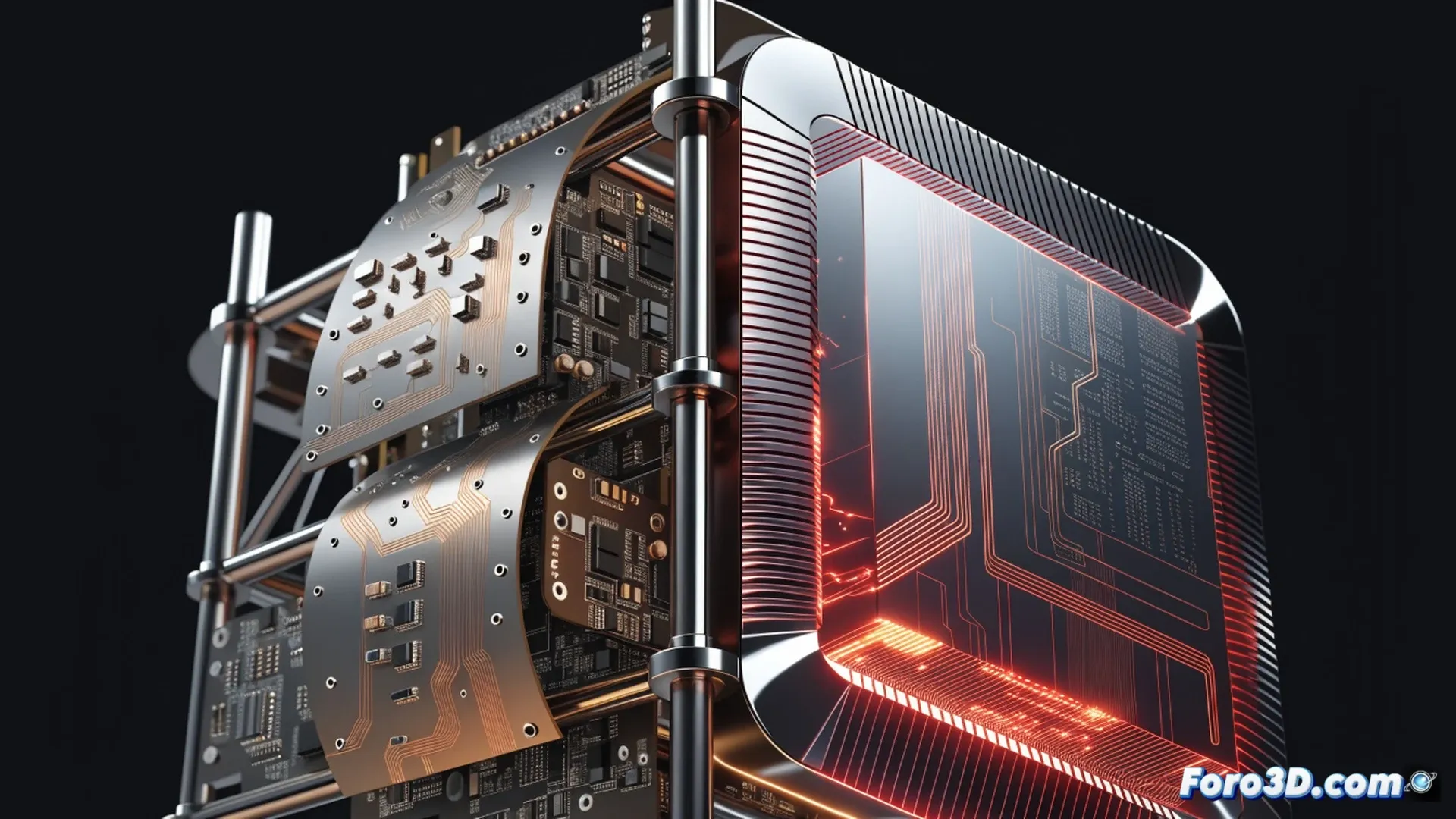 photorealistic technical visualization of a Linux gaming workstation, a graphics card being inserted into a motherboard while translucent upscaling grid overlays render a game scene, showing hardware accelerated image reconstruction in action, glowing blue pipeline arrows connecting software compatibility layers to GPU compute units, demonstrating XeSS integration process on Linux, cinematic dark laboratory lighting, ultra-detailed PCB traces and cooling fins, engineering visualization style, fl
