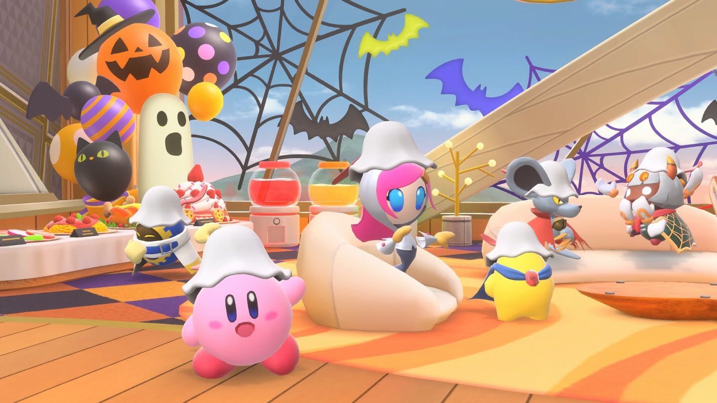 Kirby and chums in their spooky ghost hats.