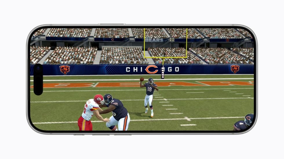 A screen on iPhone 17 Pro displays a close-up of gameplay from Madden NFL 27.