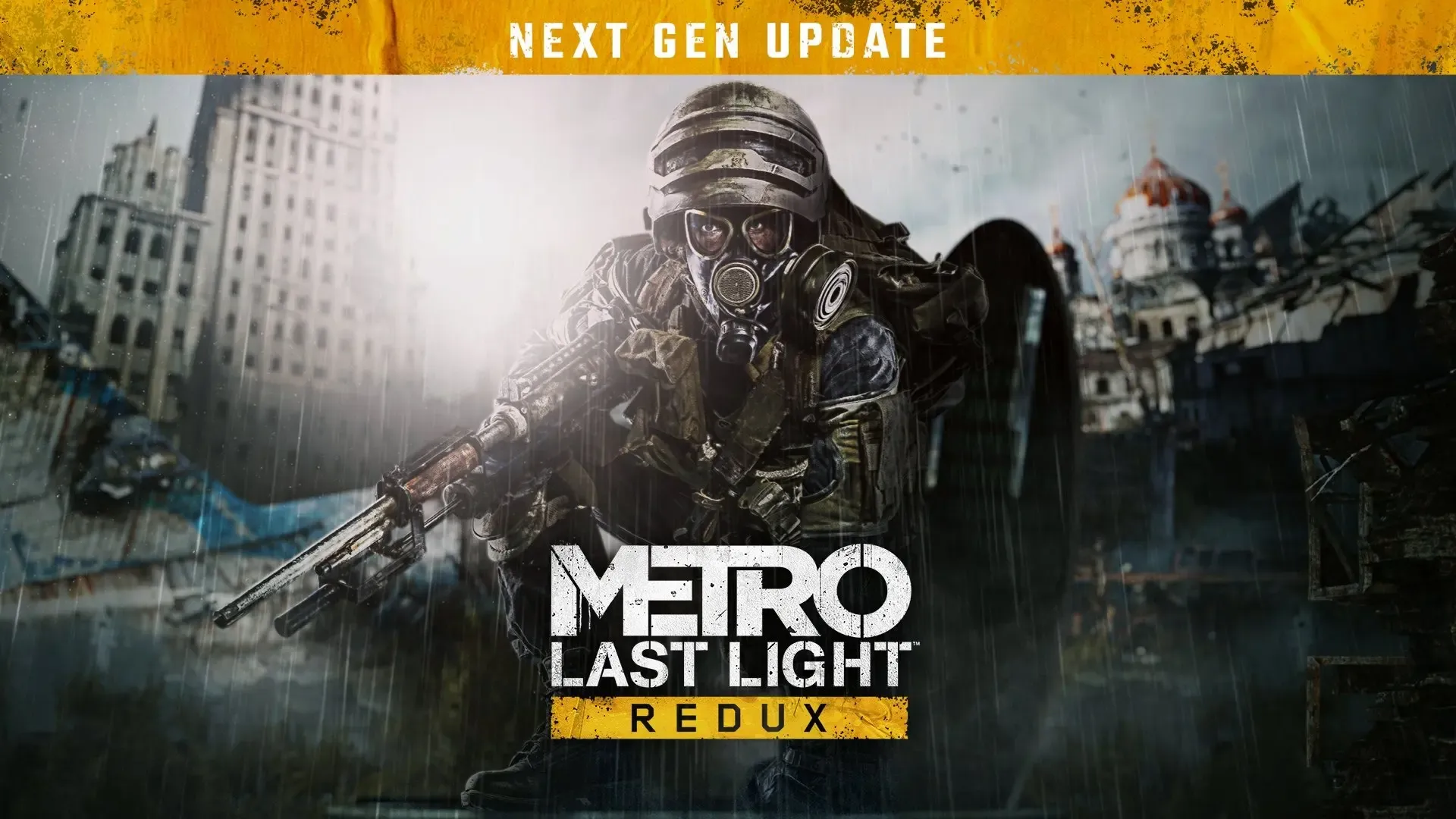 Metro Last Light Redux artwork with gasmasked soldier crouching in rainsoaked ruins rifle in hand