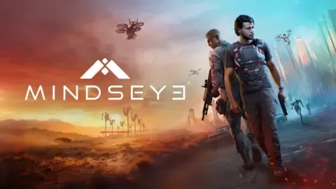 Build a Rocket Boy A cover image from the MindsEye game, showing two soldiers patrolling a vast landscape of marshes mixed with mountains and a city's skyscrapers, tinged with yellow sunset and bright blue colours.