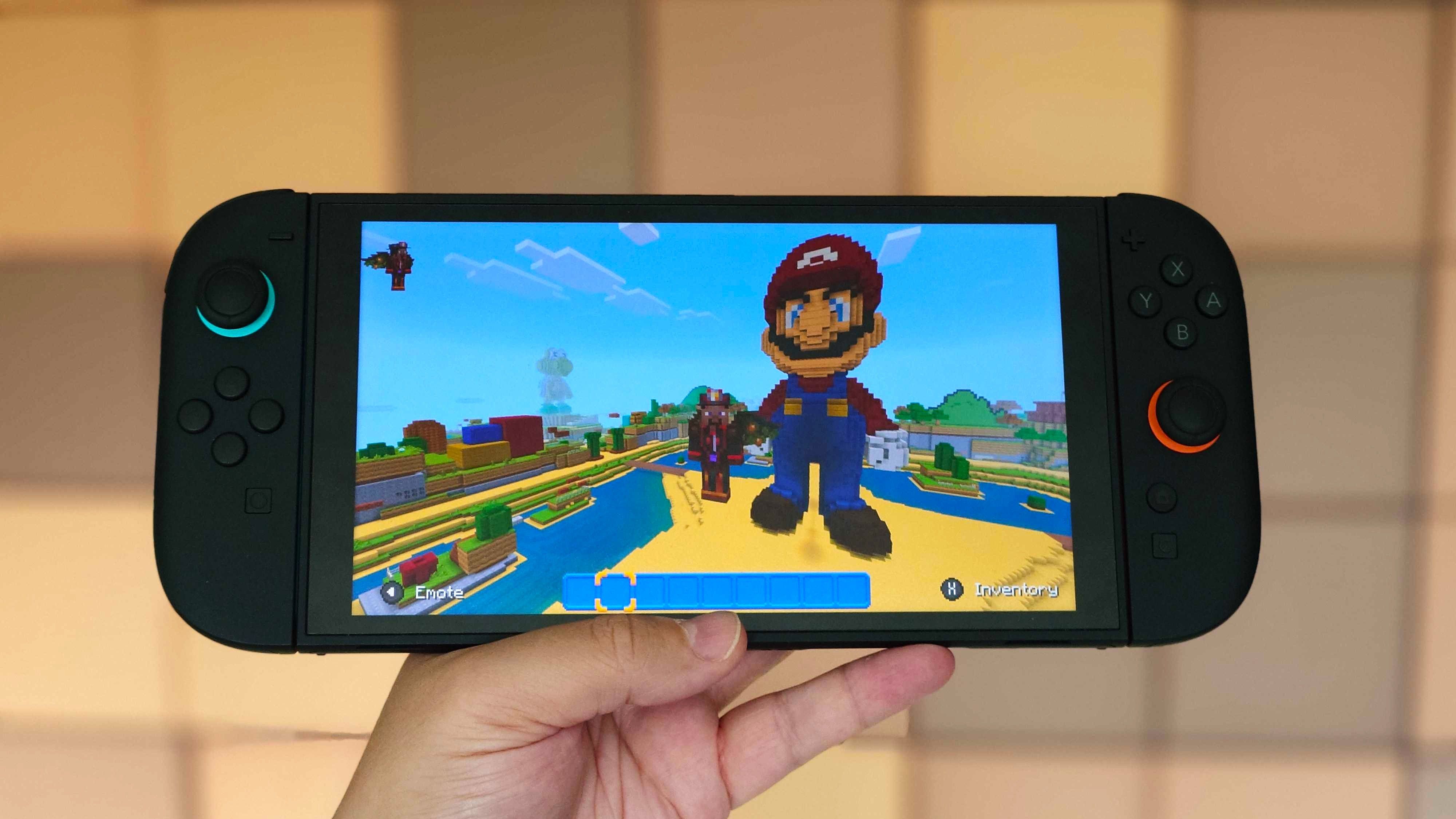 A photo of the Super Mario Pack for Minecraft being played on a Nintendo Switch 2 showing a giant Mario.