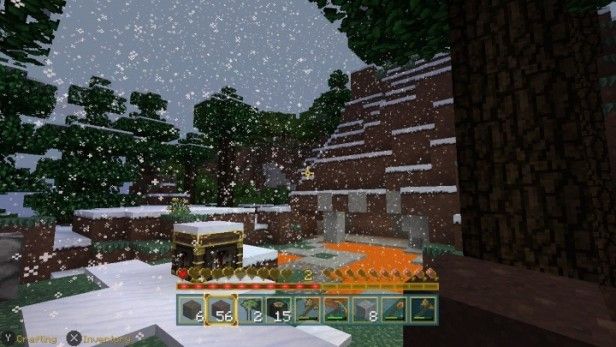 Minecraft: Nintendo Switch EditionMinecraft game screenshot with snowy terrain and lava pool.