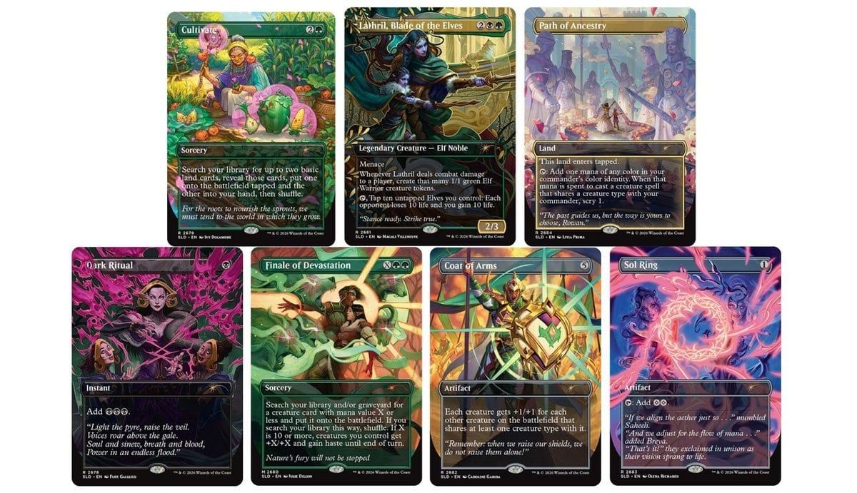 Seven Magic cards showing women in various heroic poses.