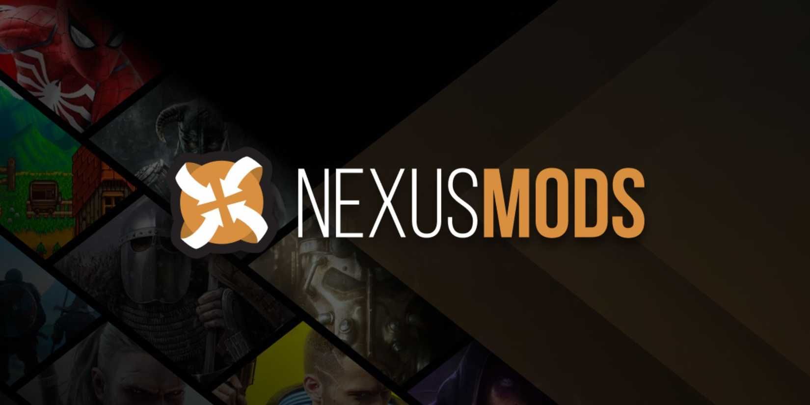Nexus Mods logo, with images of some video game covers in the background.