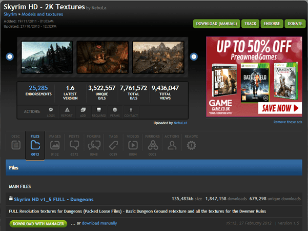 Choosing a mod to install from the Nexus website.