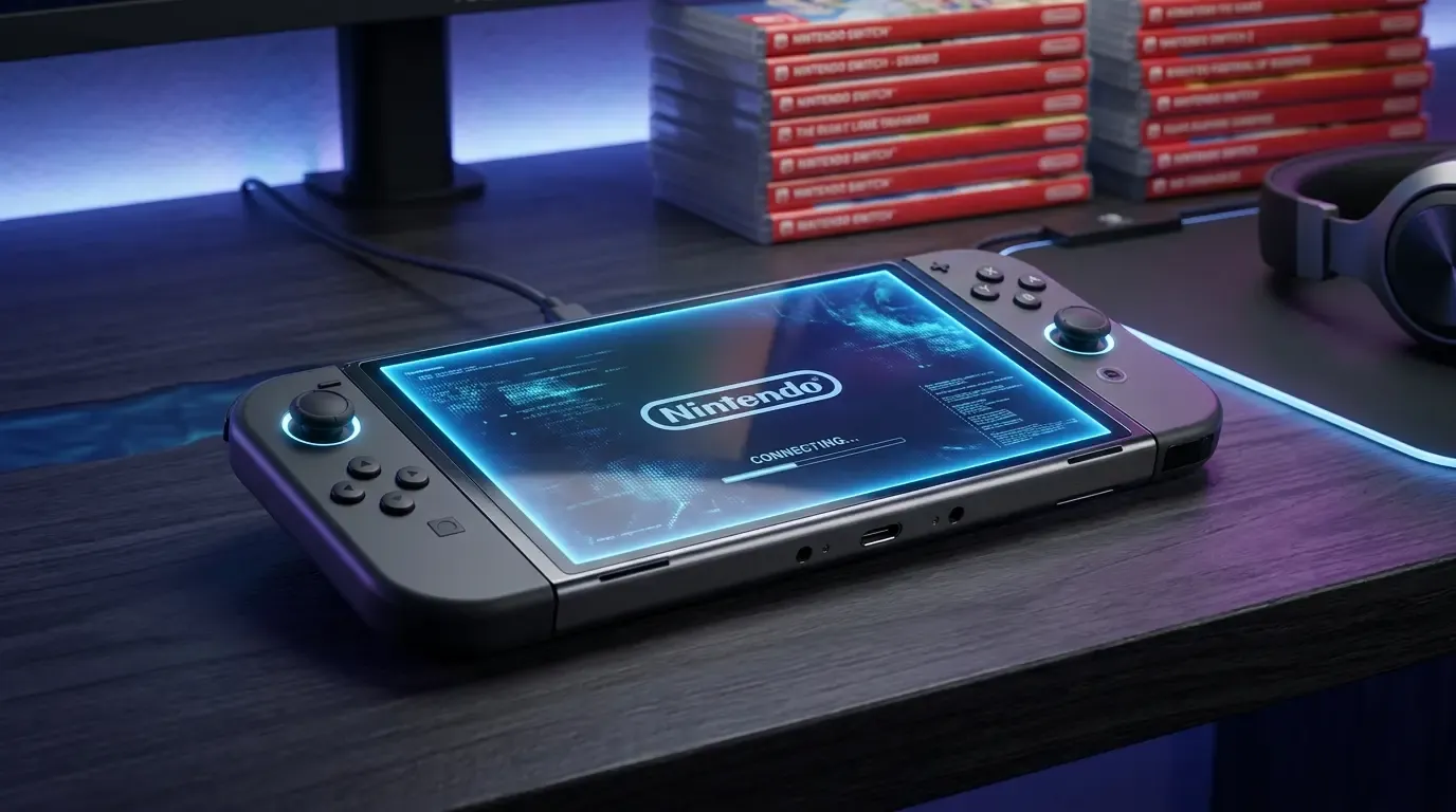 Nintendo Switch 2 console with firmware update glow and classic Switch game cartridges in background