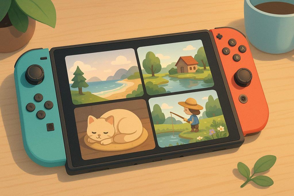 Colorful Nintendo Switch 2 console with popular relaxing game scenes on the screen