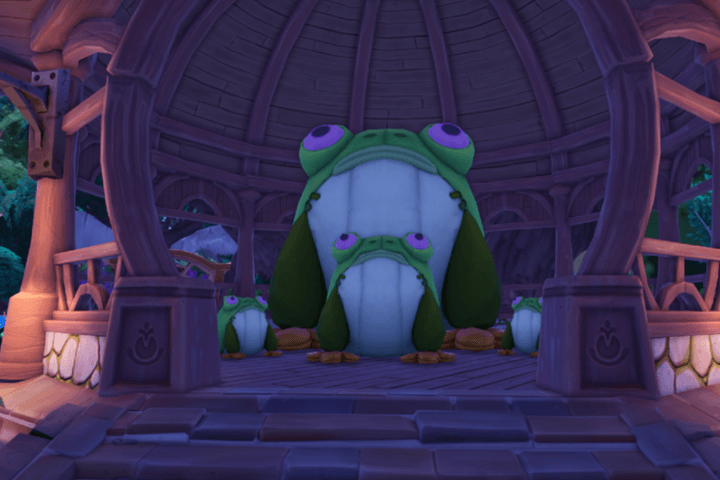 A collection of suspicious-looking frog plushies clustered together in a gazebo in Palia.