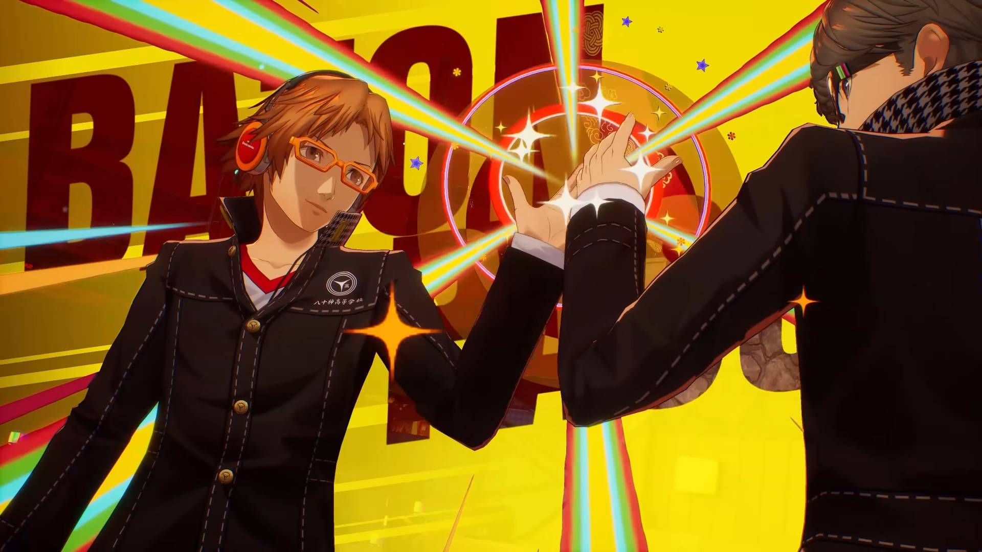 Persona 4 Revival screenshot shows the protagonist and Yosuke high-fiving for a baton pass.