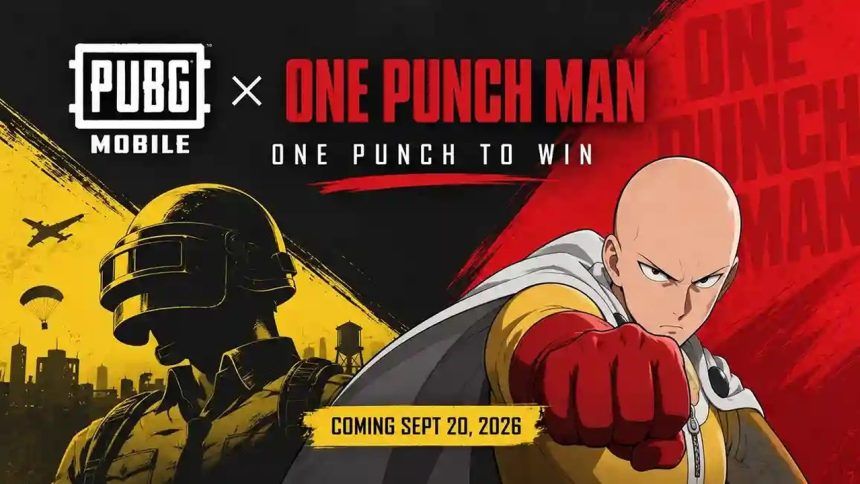 Key art officiel de la collaboration PUBG Mobile x One Punch Man avec Saitama face à un combattant PUBG sur Erangel