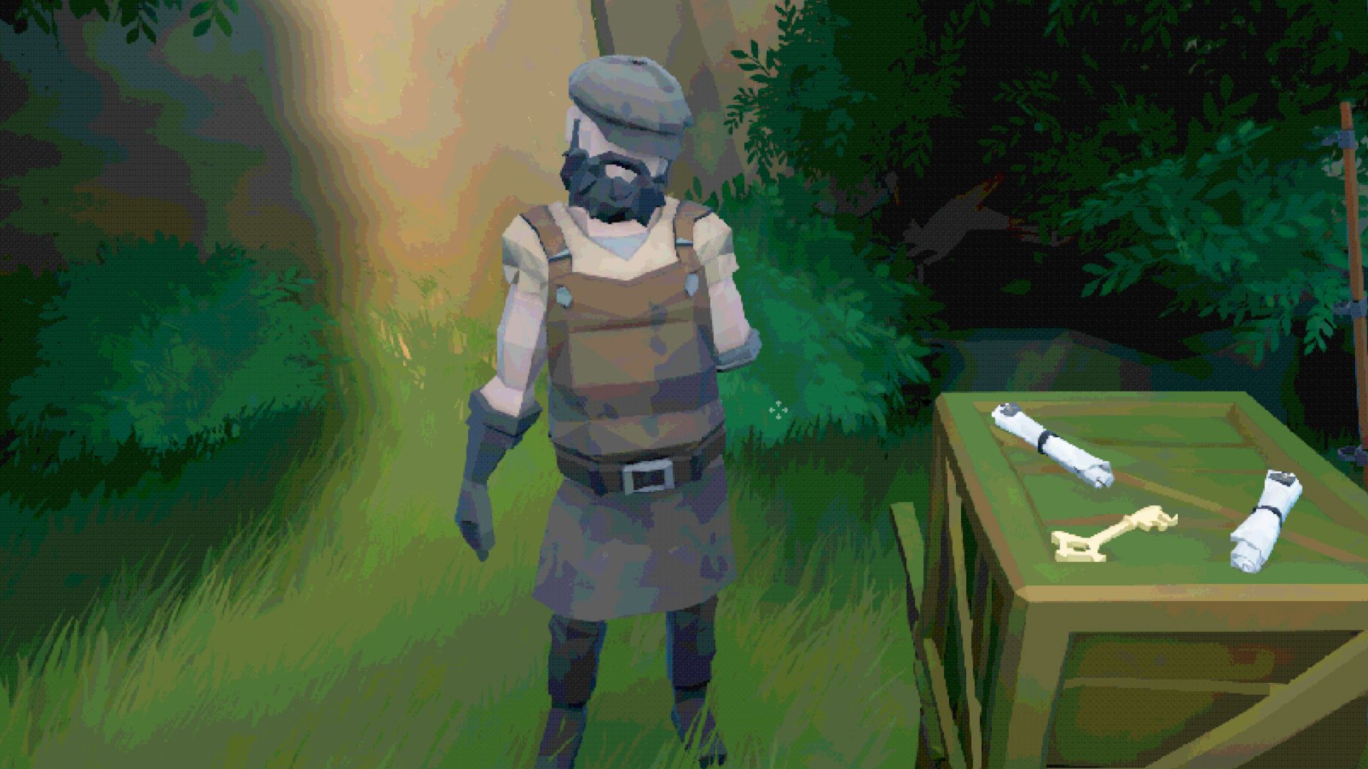 A screenshot of A Short Quest. A bearded merchant wearing a hat and gloves stands next to scrolls and a key on top of a crate.