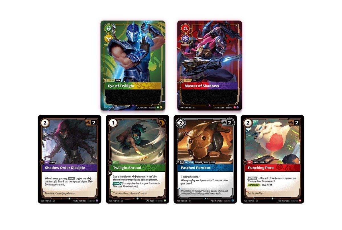 A spread of cards from Riftbound: Vendetta showing Shen and Jed.