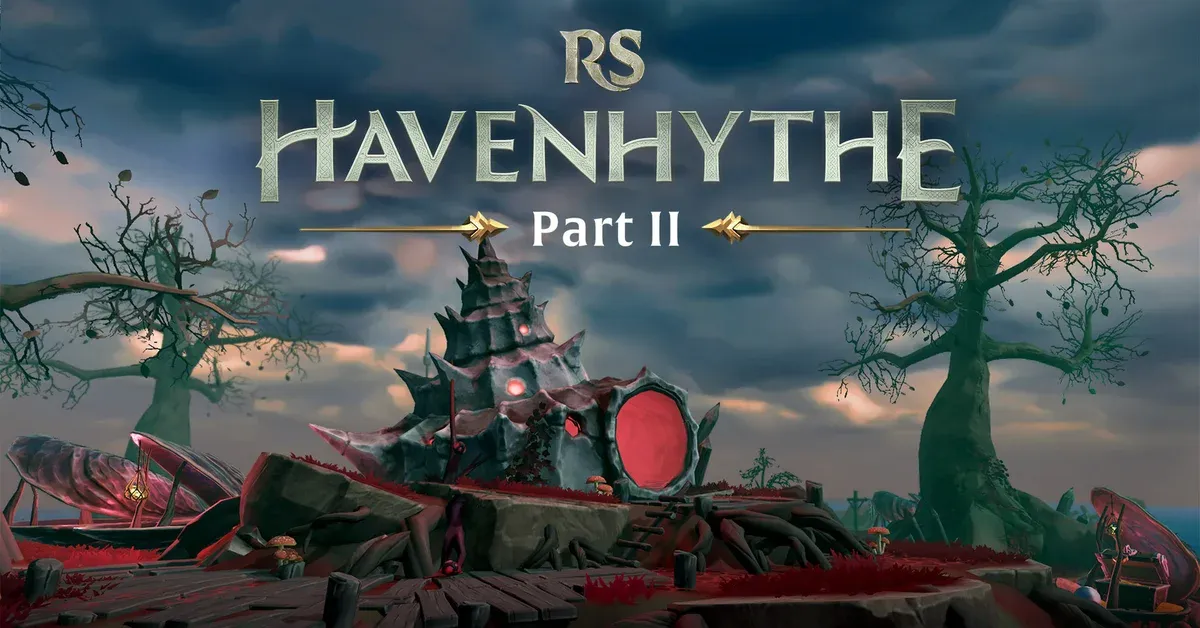 Official RuneScape Havenhythe Part II key art showing a spiked shell dwelling with a red portal on a misty bog shore