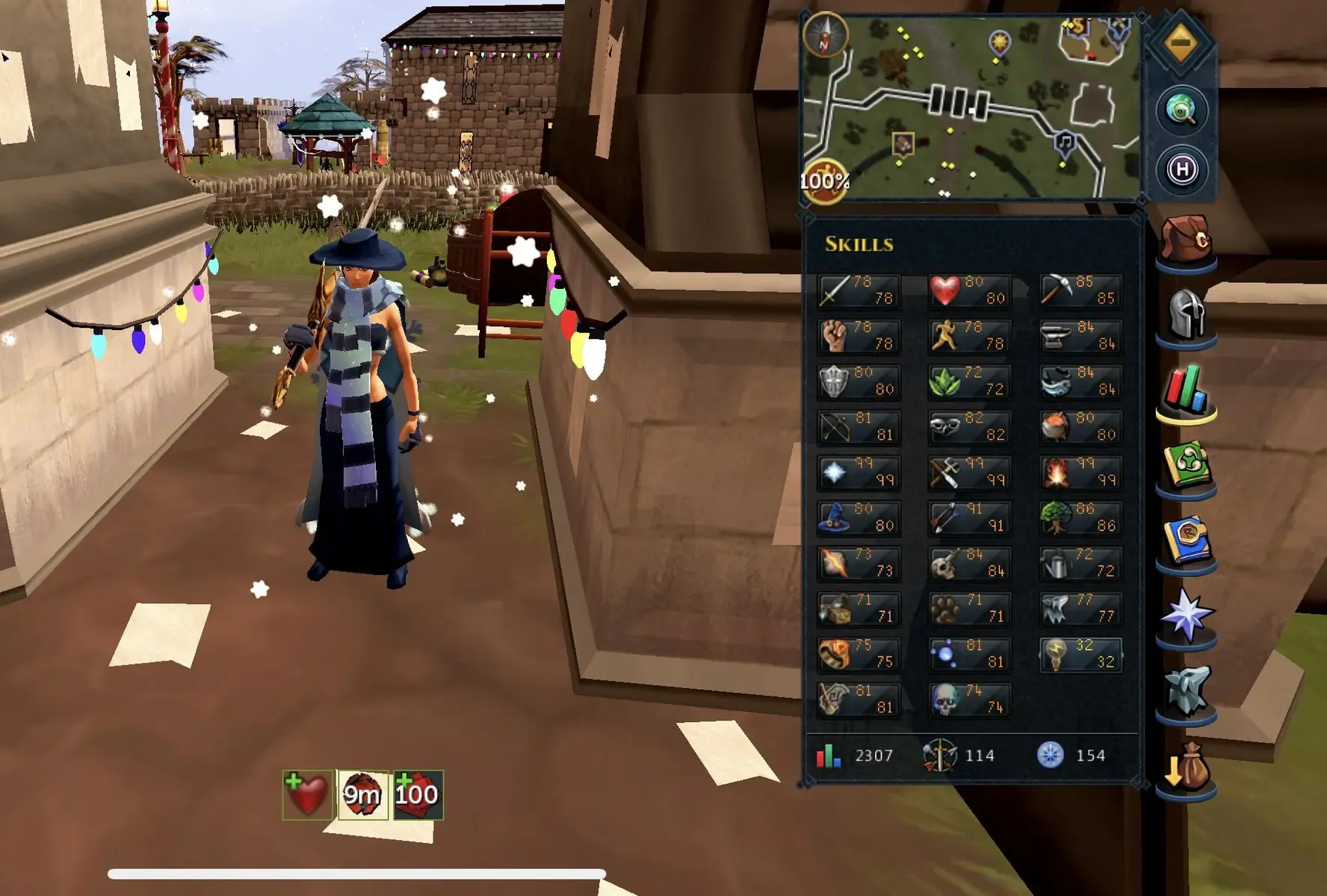 A RuneScape 3 character in wizard attire with the skills menu open showing various level numbers.