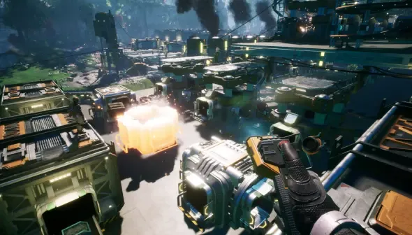 A scene from the game Satisfactory showing factory buildings and a close up of a tool.