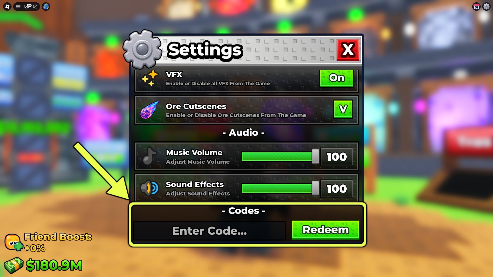 A screenshot from Sell Ores, highlighting the codes bar where you input redeemable codes.