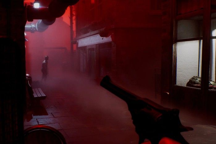 Screenshot of Silent Hill Townfall. First-person perspective, a pistol aiming towards a creepy body in the background in a fog-filled red alleyway
