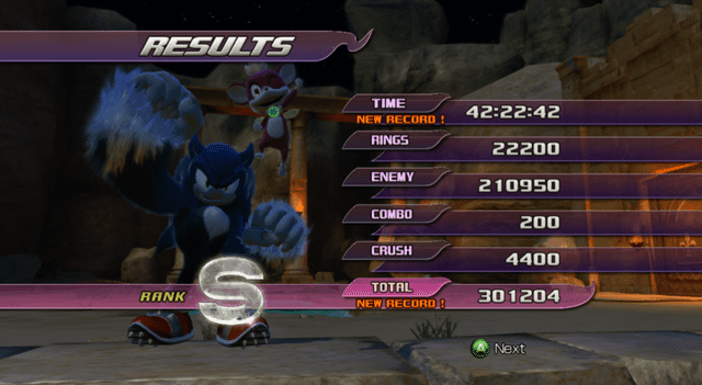 r/SonicTheHedgehog - RESULTS TIME 42:22:42 NEW RECORD! RINGS 22200 ENEMY 210950 COMBO 200 CRUSH RANK S 4400 TOTAL 301204 NEW RECORD! Next