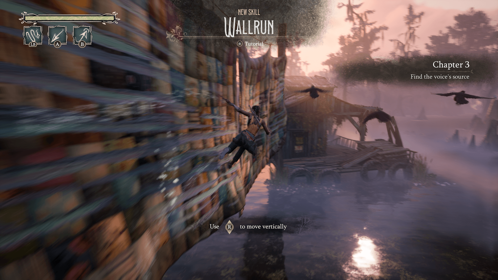 Screenshot from South of Midnight, featuring the protagonist Hazel running along a wall covered in scratches of blue demonstrating her wallrunning ability.
