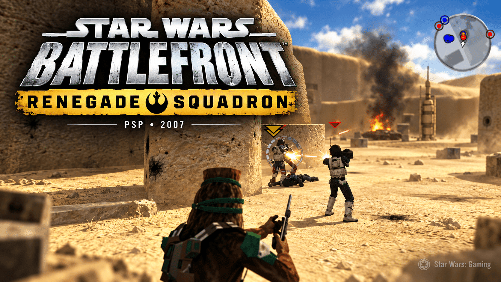 Star Wars Battlefront Renegade Squadron PSP screenshot showing a desert firefight with Rebel and Imperial troops