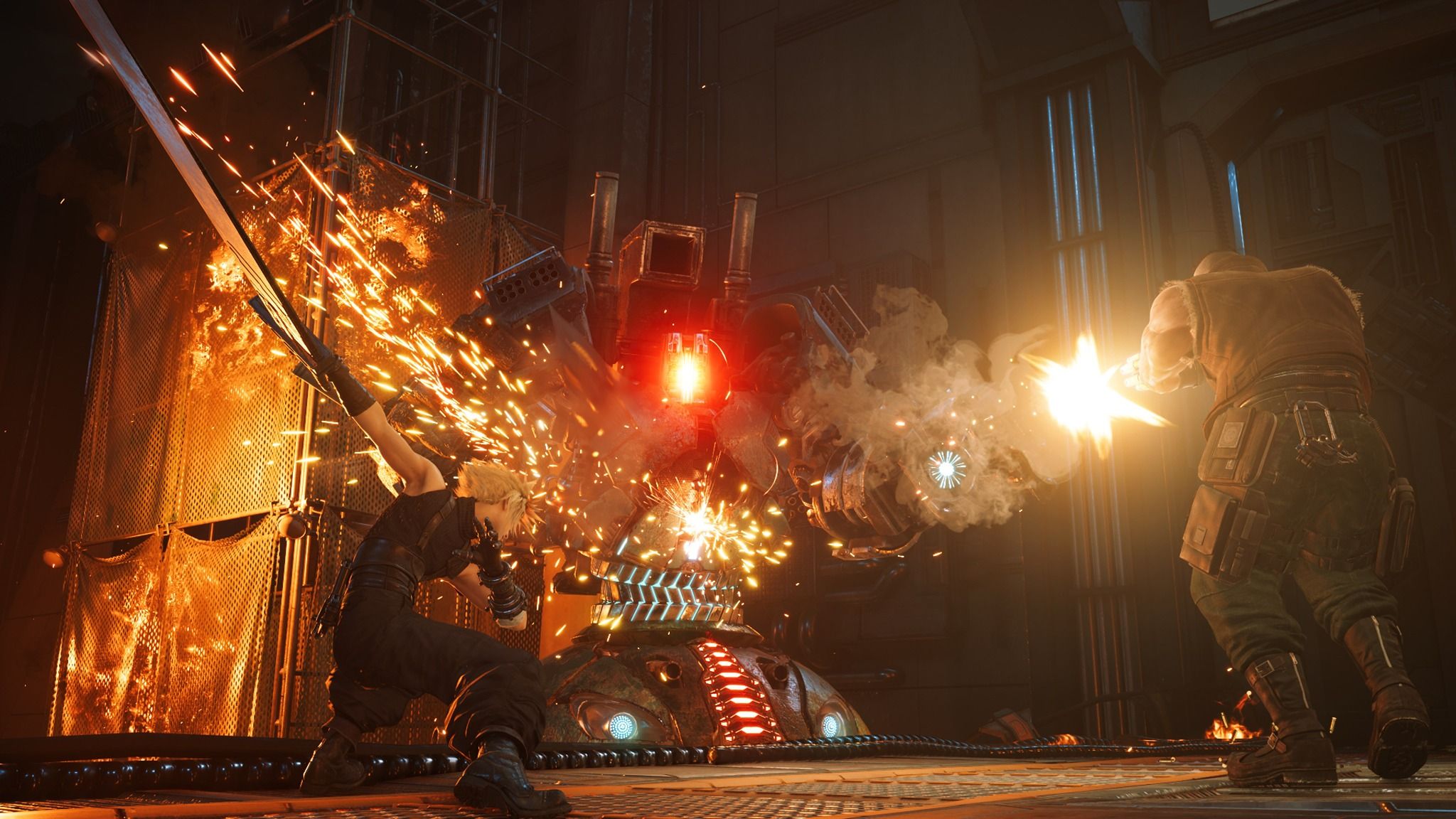 Promotional screenshot of Barret and Cloud fighting a giant robot in Final Fantasy VII Remake