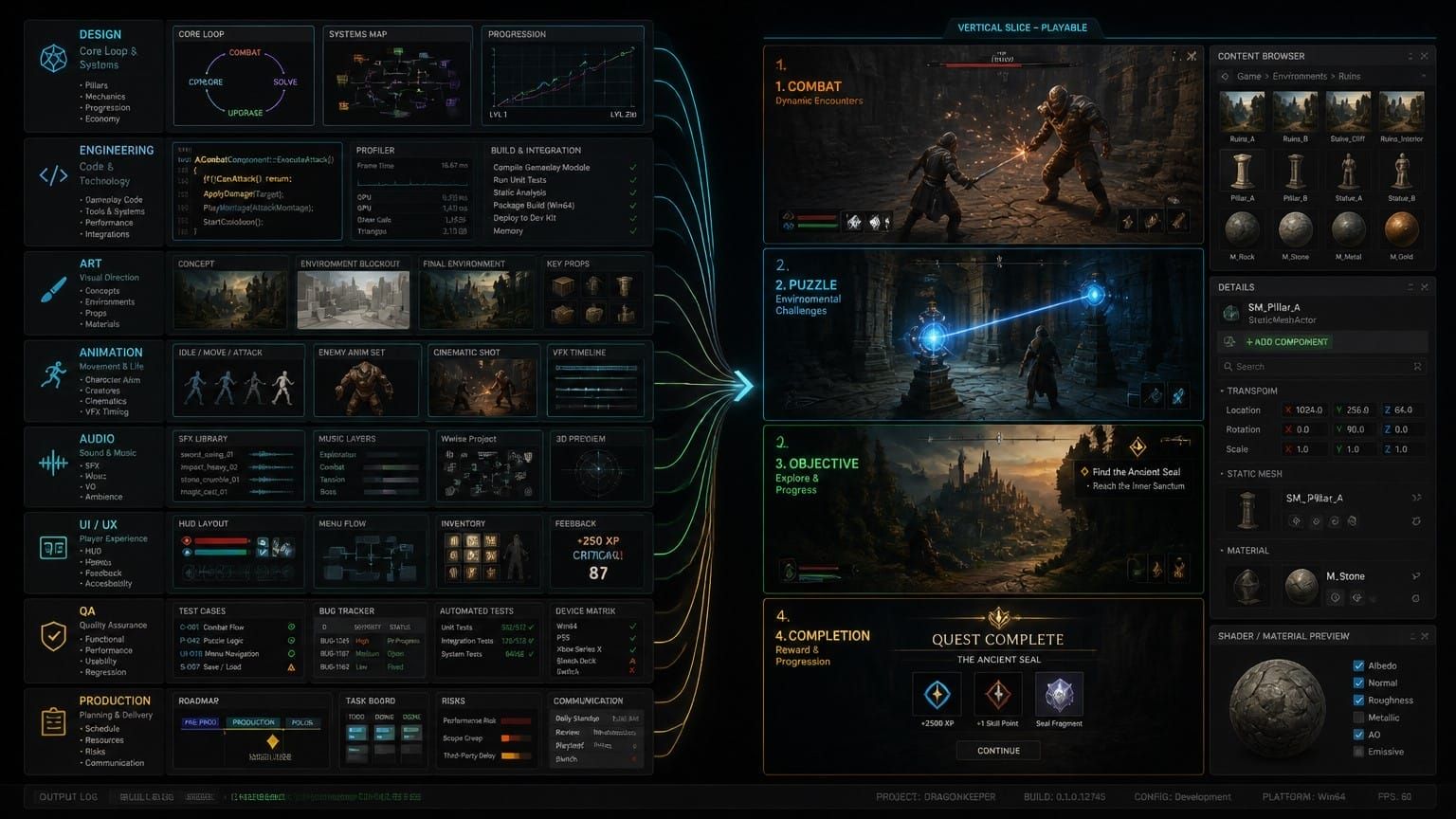 Video game development UI showing design, engineering, art, and other asset flows—providing a vertical slice of the overall production; screenshots of combat, puzzle, objective, and quest complete scenes showcase the core game concept; along with detailed quest, player, and inventory info.