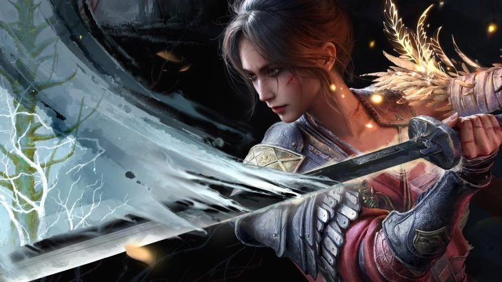 A warrior woman wielding a sword with magical energy effects, set in a mystical, fantasy-themed environment.