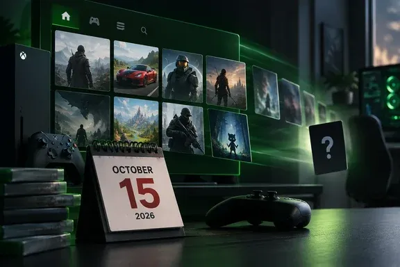 An Xbox gaming setup displays a lineup of game artwork beside a calendar marked October 15, 2026.