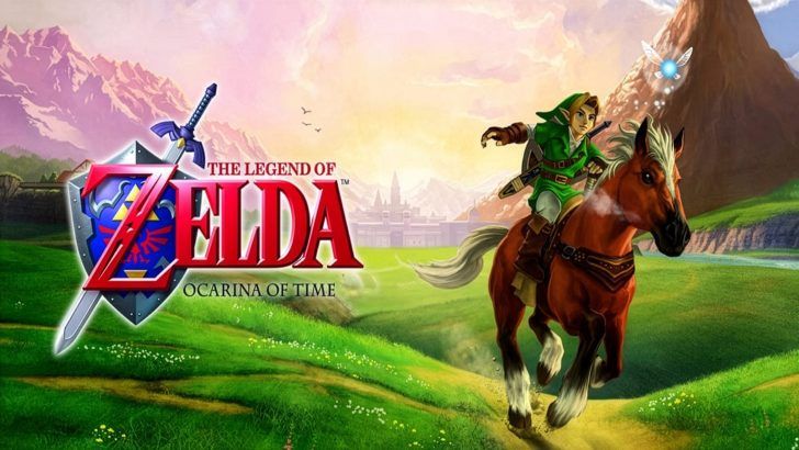 The cover art of The Legend of Zelda: Ocarina of Time remake features Link riding a horse through a lush green field with a castle in the background.
